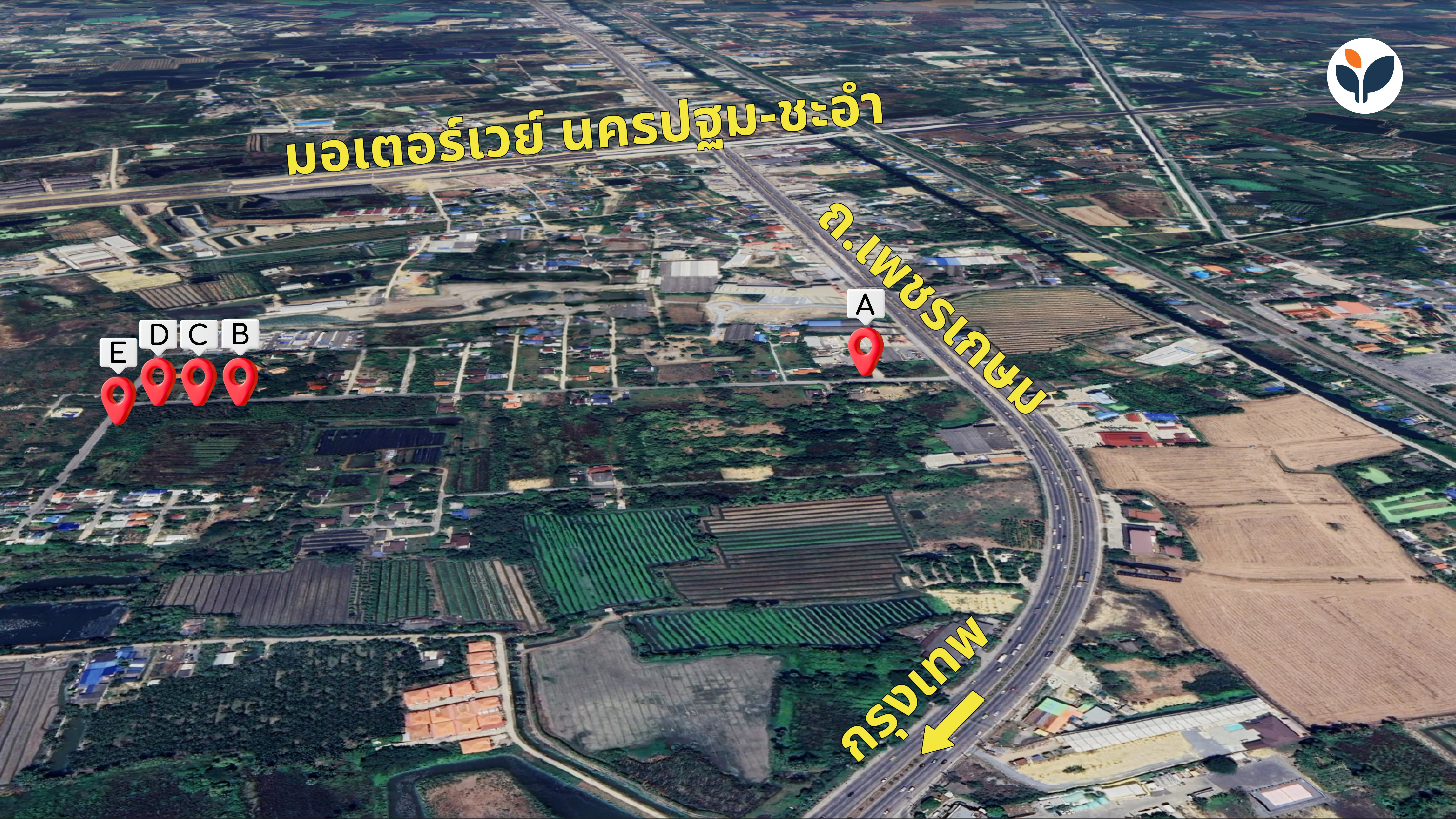 ภาพ Google Earth แสดงเส้นทางจากที่ดินทุกแปลงเข้าสู่กรุงเทพฯ